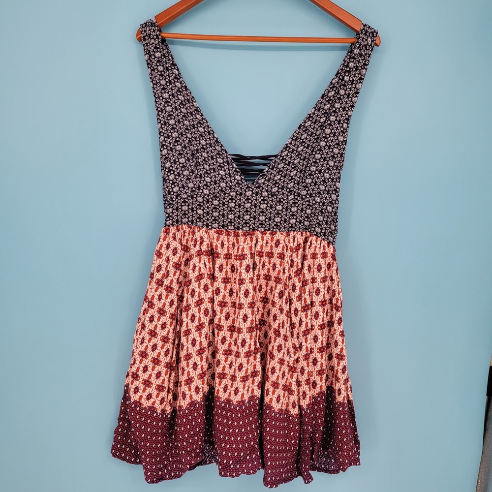 Lulus La Vie En Roses Dress Navy Blue Red Floral Print Plunging Lace Up Back XL